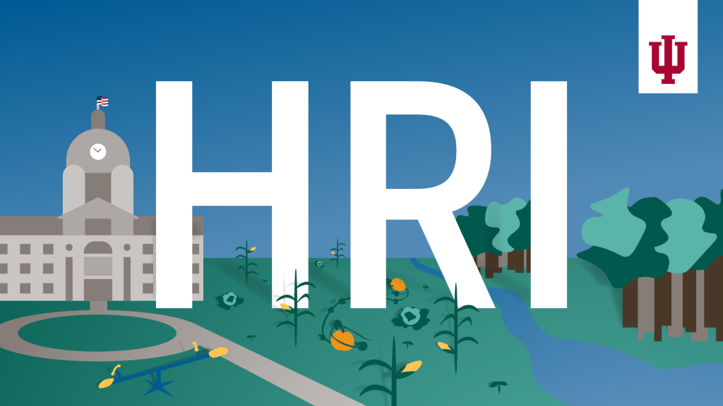 In addition to the letters H, R, and I, this branded graphic for the Hoosier Resilience Index includes an image of a government building, trees, plants, and a teeter totter to convey people, children, and public health.